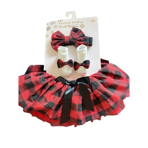 Bebe Baby Winter Boutique Holiday Check 0-12 Months Hair Bow, Sox’s And Skirt - Picture 1 of 3
